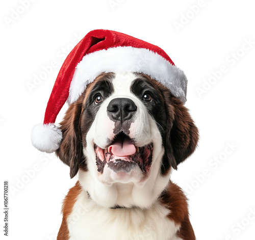 A joyful St. Bernard dog wearing a festive Santa hat isolated on a neutral background photo