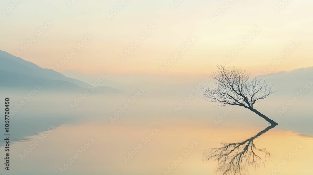 Fototapeta premium Serene nature scene portraying essentialism through minimal landscapes, calm water reflections, and gentle hues of twilight.