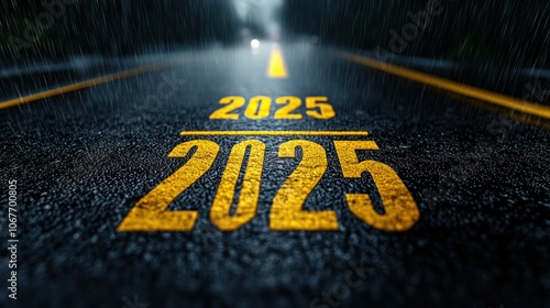 rainy road with reflective 2025 year sign at a night, creative new year design