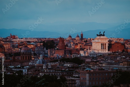 Canvas Print Panoramic view of Rome at dusk, showcasing iconic landmarks