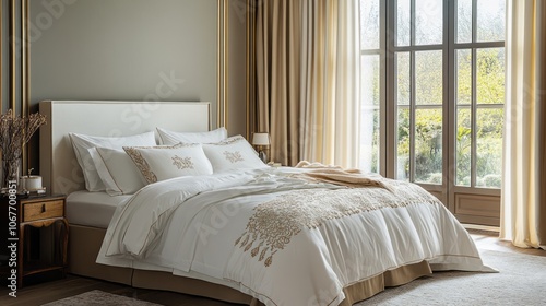 White Bed with Embroidered Gold Floral Design in Luxurious Bedroom
