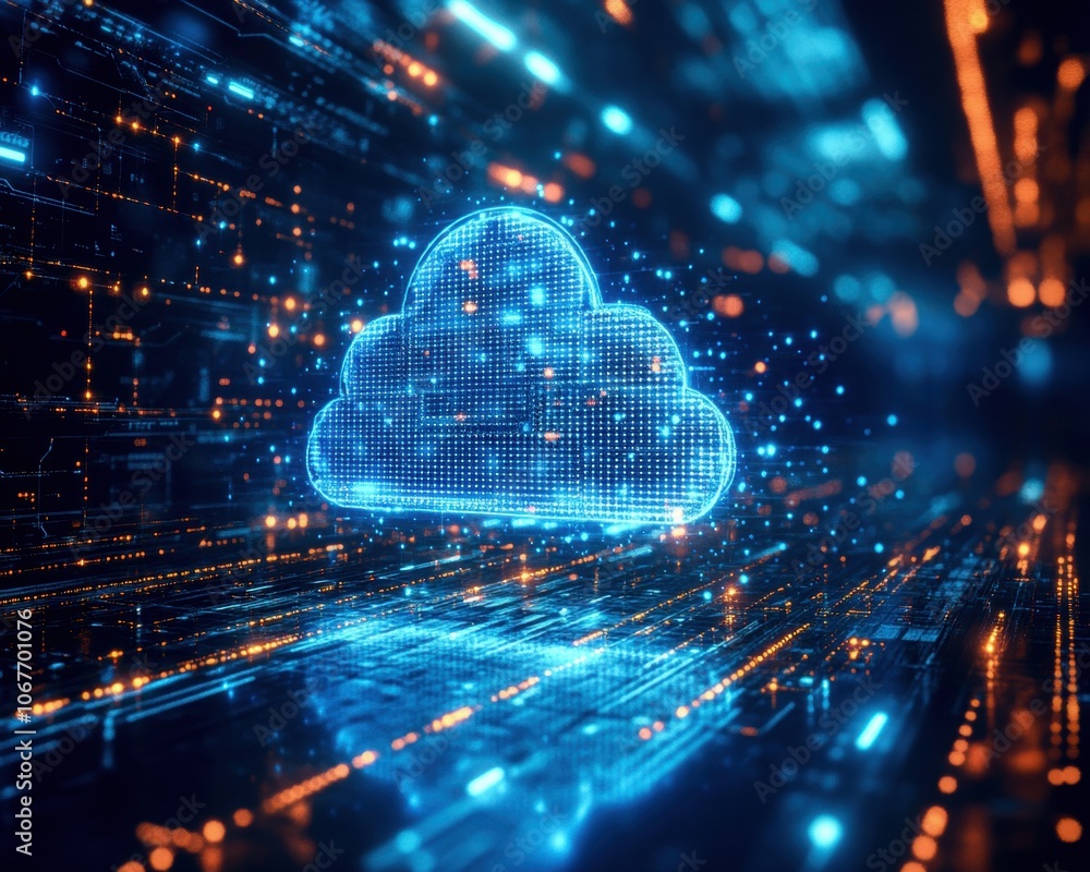 Futuristic digital representation of a cloud with blue and orange light effects. Generative AI Futuristic digital representation of a cloud with blue and orange light effects. Generative AI