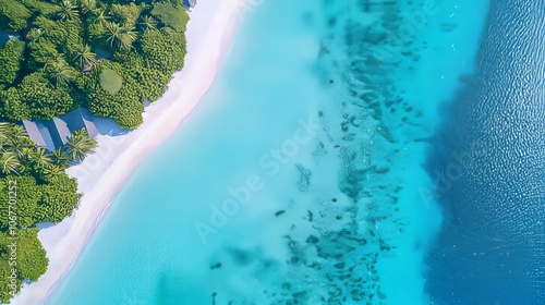 Aerial view of a tropical beach with clear turquoise waters and lush greenery.