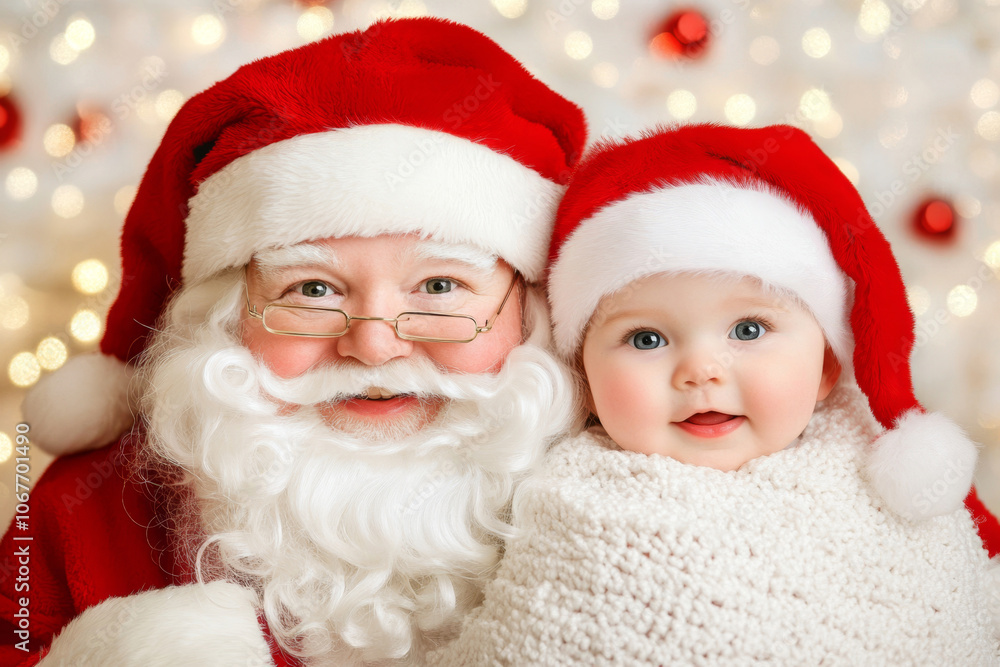 Portrait of Santa Claus and smiling baby on the background of Christmas lights. Portrait of Santa Claus and smiling baby on the background of Christmas lights.