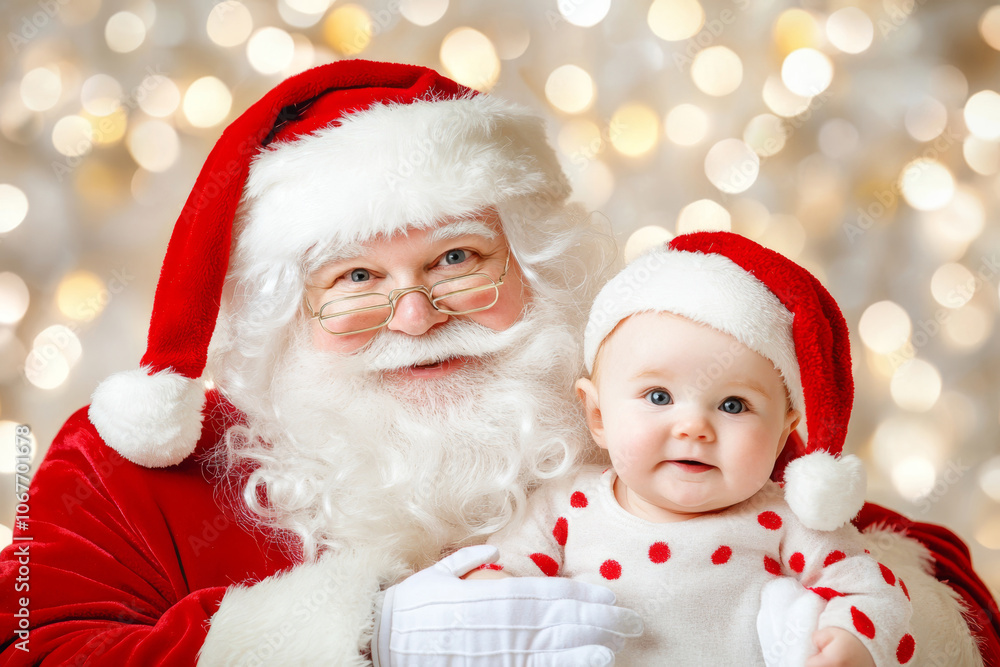 Portrait of Santa Claus and smiling baby on the background of Christmas lights. Portrait of Santa Claus and smiling baby on the background of Christmas lights.