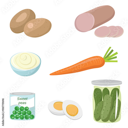 Ingredients for Olivier salad in pictures, eggs, cucumbers, carrots, sauce, potatoes, sausage, peas
