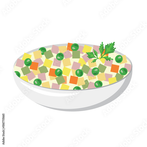 Plate with Olivier salad, dish, world cuisine, isolate on white
