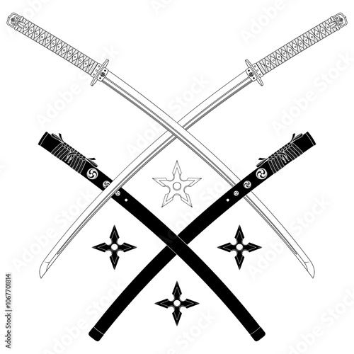 Katanas crossed with shuriken weapons from Japan photo