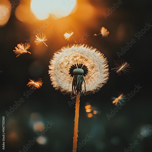 Dandelion Seeds Floating Away at Sunset