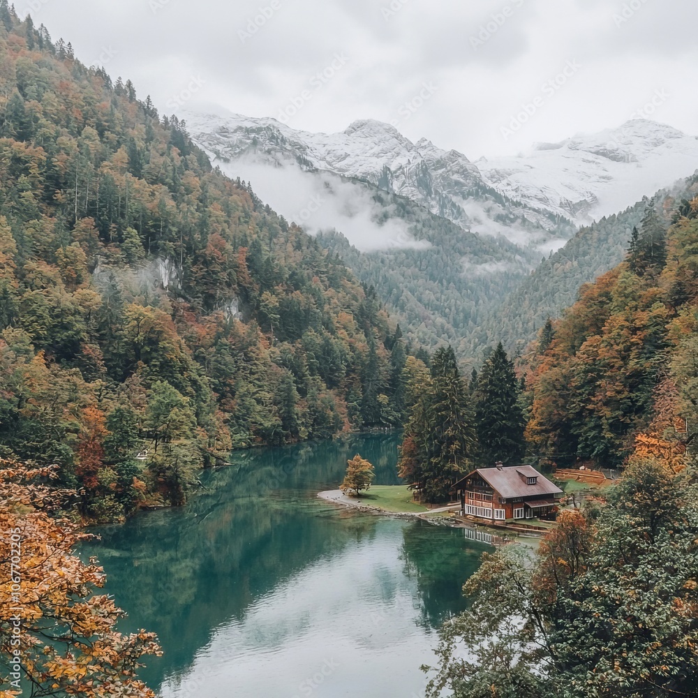 Fototapeta premium Serene autumn landscape featuring a lake, mountains, and a cozy cabin.
