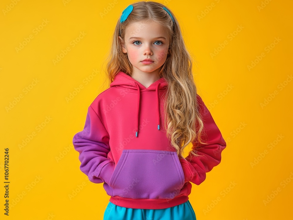 A young girl with long blonde hair and a blue hairclip wears a pink and purple hoodie with blue pants, standing confidently against a vibrant yellow background, showcasing colorful kids' fashion. A young girl with long blonde hair and a blue hairclip wears a pink and purple hoodie with blue pants, standing confidently against a vibrant yellow background, showcasing colorful kids' fashion.