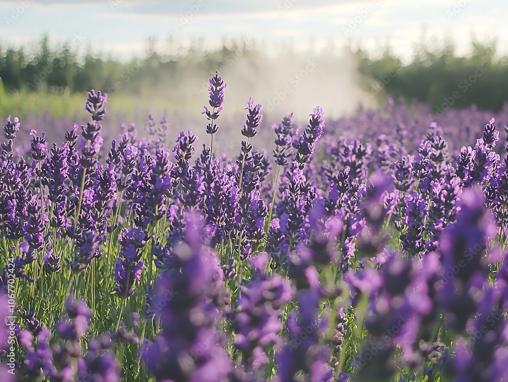 Obraz premium A vibrant lavender field under a soft mist, showcasing nature's beauty.