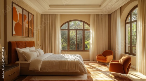 Sunlit Bedroom with Arched Window and Modern Furniture