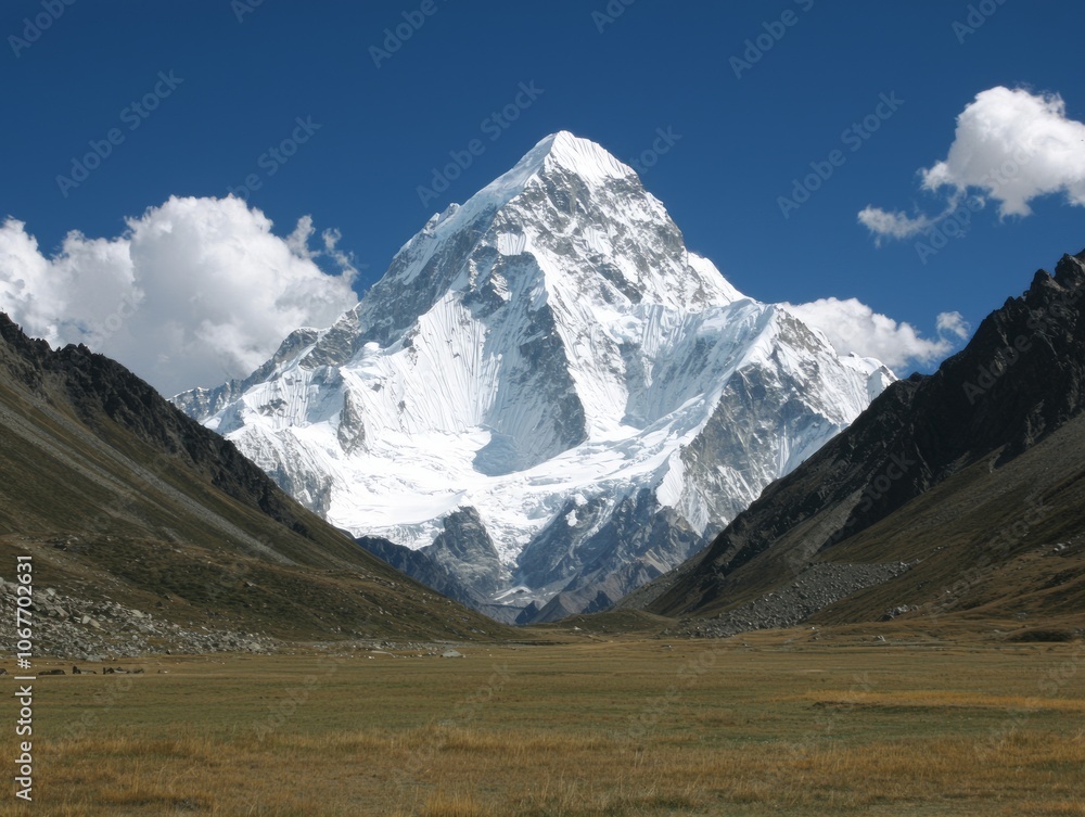 Fototapeta premium Majestic snow-capped mountain surrounded by valleys and clear blue skies.