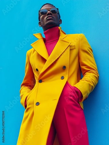 A stylish man in a vibrant yellow coat, red turtleneck, and matching red pants poses confidently against a bright blue background, showcasing bold, high-fashion elegance with a modern twist.