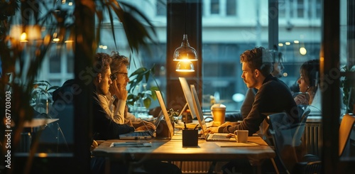 A group of professionals working late in a warmly lit office, collaborating around a shared desk with laptops, creating a focused and productive ambiance with a touch of modern urban style