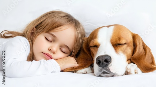 A little girl sleeping with a beagle simple white background 