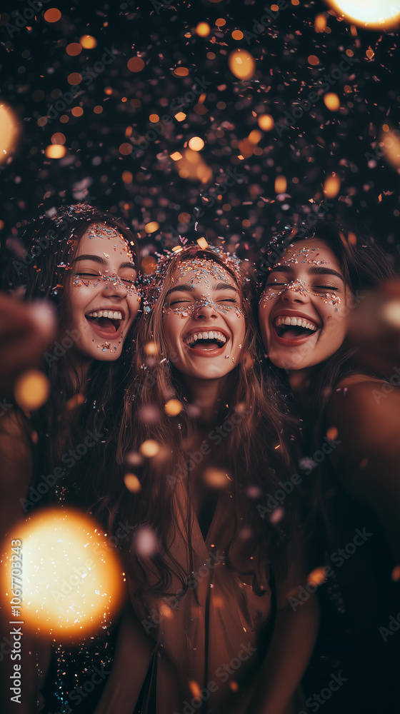 a group of women friends celebrating a festive occasion with lights and colorful decorations in a disco setting