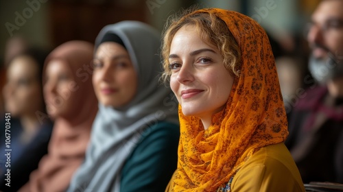 Smiling woman wearing orange hijab at a cultural event or gathering