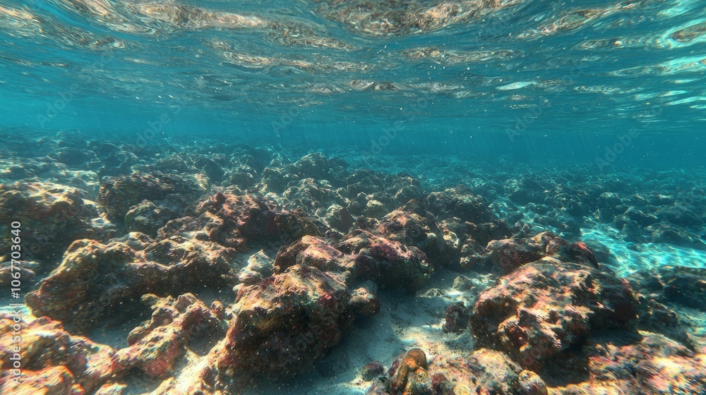 Fototapeta premium Underwater scene showcasing coral formations and marine environment.