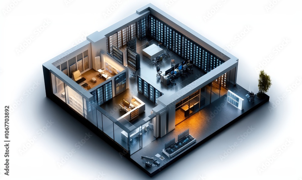 illustration isometric diorama of a data center room with lots of server racks illustration isometric diorama of a data center room with lots of server racks