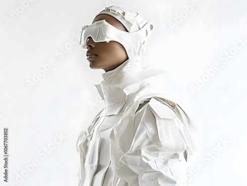 A high-fashion model in an avant-garde futuristic outfit on white background
