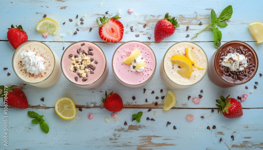 Delicious Classic Milkshakes And Smoothies For Summer: Vanilla Lemon, Strawberry, Chocolate, Topped With Whipped Cream And Toppings. Enjoy Al Fresco On A Sunny Day. Delicious Classic Milkshakes And Smoothies For Summer: Vanilla Lemon, Strawberry, Chocolate, Topped With Whipped Cream And Toppings. Enjoy Al Fresco On A Sunny Day.