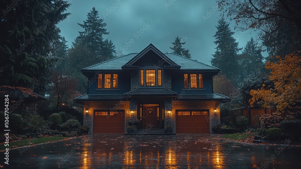 A two-story house with a garage, lit up at night, surrounded by trees in the rain. A two-story house with a garage, lit up at night, surrounded by trees in the rain.