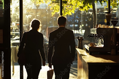Businesspeople leaving cafe in morning sunlight