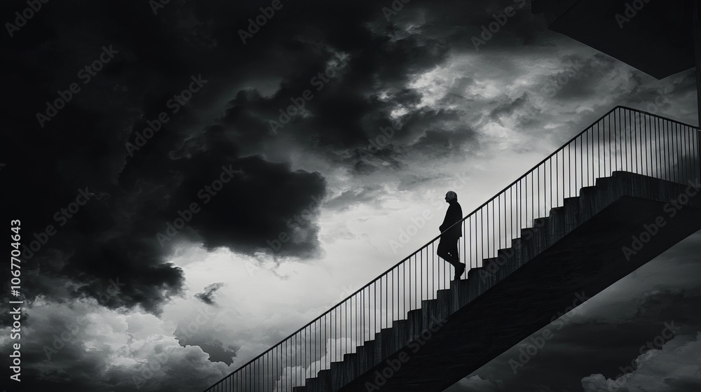 Fototapeta premium A solitary figure ascends a staircase under a dramatic, stormy sky.