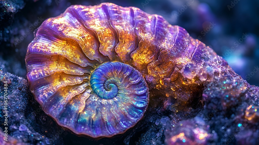 A vibrant, multicolored ammonite shell rests on a textured surface, showcasing intricate patterns and iridescent hues in shades of blue, purple, and gold. A vibrant, multicolored ammonite shell rests on a textured surface, showcasing intricate patterns and iridescent hues in shades of blue, purple, and gold.
