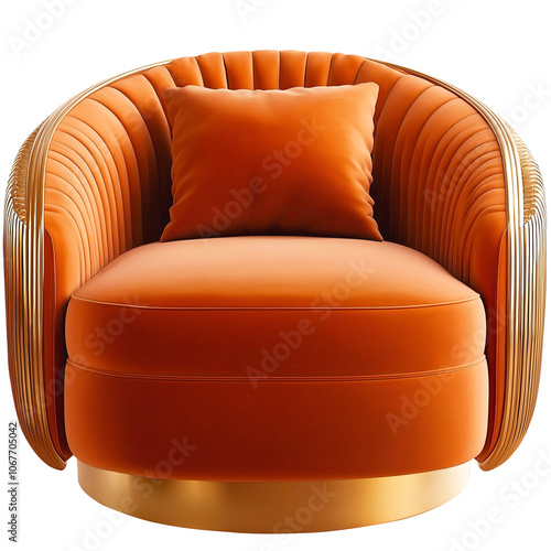 orange round armchair with gold metal accents and cushion isolated on transparent photo