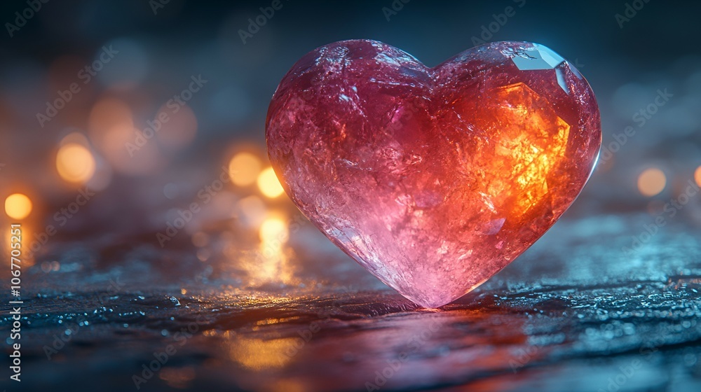 A glowing, crystal-like heart surrounded by soft lighting, evoking feelings of love and warmth. A glowing, crystal-like heart surrounded by soft lighting, evoking feelings of love and warmth.