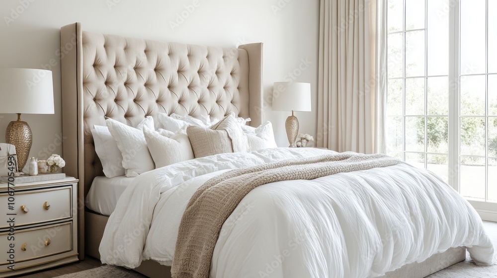 Luxurious White and Beige Bedroom with a Tufted Headboard Luxurious White and Beige Bedroom with a Tufted Headboard