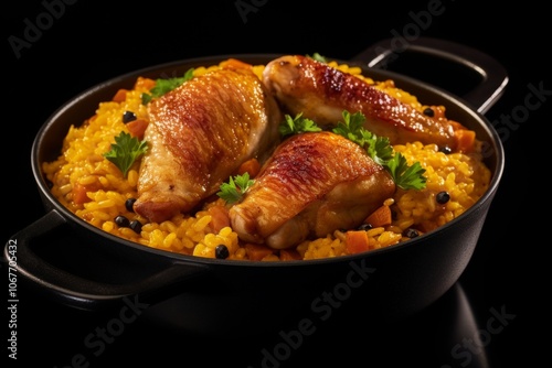 Golden cubed chicken with fluffy white rice, vibrant carrots, and caramelized onions on a plate