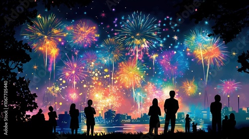 People watching fireworks display at night, colorful explosions in the sky