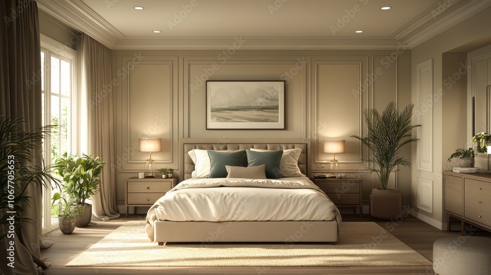 Fototapeta premium Modern Minimalist Bedroom Interior Design with Beige and White Decor