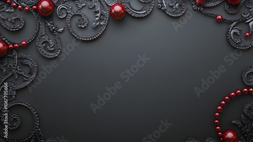 un fondo negro liso con espacio de copia para invitacion o diseño de plantilla con encaje y perlas en color rojo decorativas  photo