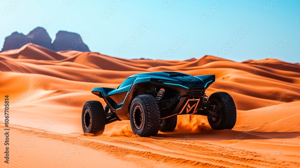 Exploring vast golden sand dunes in a powerful off-road vehicle against the backdrop of rugged mountains during a bright sunny day. Exploring vast golden sand dunes in a powerful off-road vehicle against the backdrop of rugged mountains during a bright sunny day.
