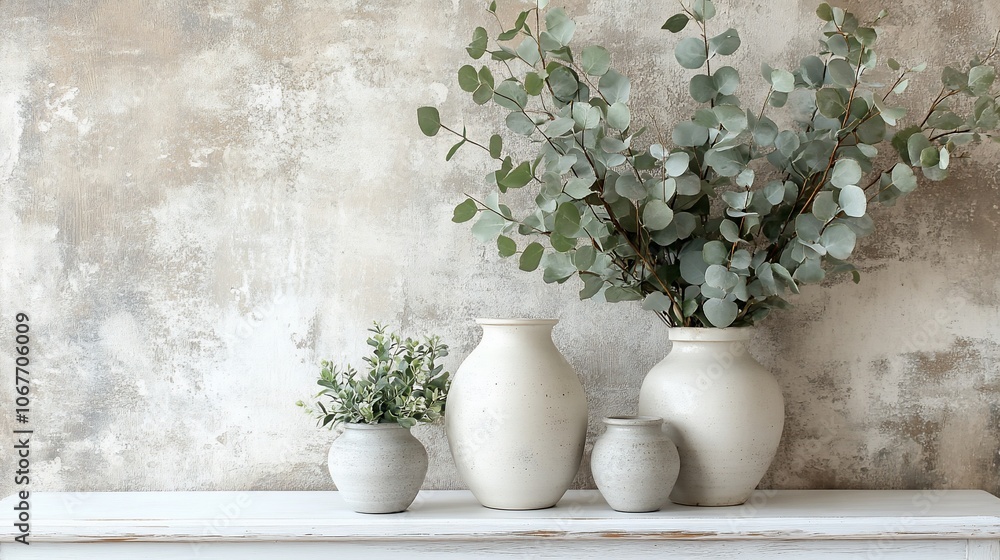 Three white ceramic vases with eucalyptus branches against a rustic wall. Three white ceramic vases with eucalyptus branches against a rustic wall.