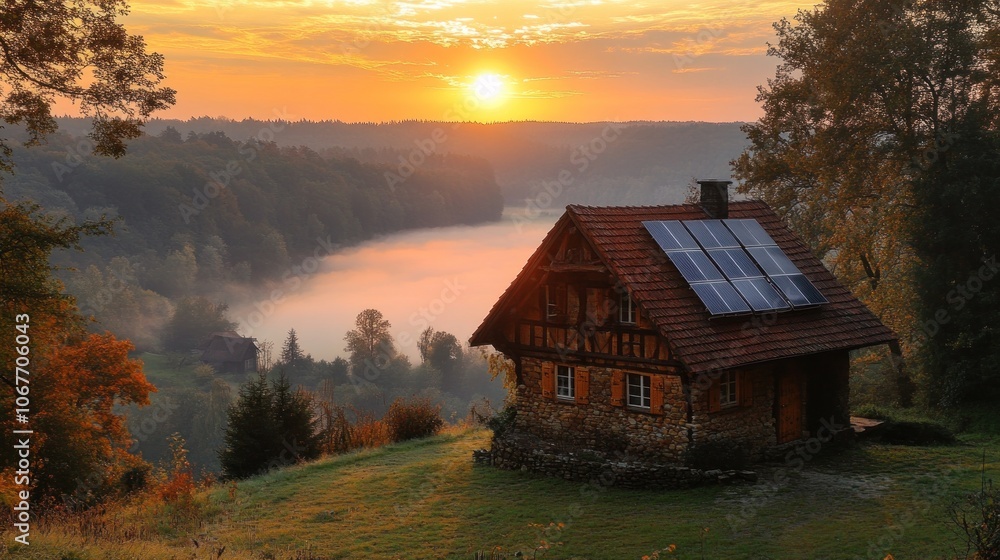 A rustic cabin with solar panels on the roof sits on a hill overlooking a foggy valley at sunrise. A rustic cabin with solar panels on the roof sits on a hill overlooking a foggy valley at sunrise.