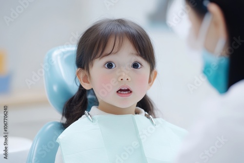 hild sitting in a dental chair with a worried expression, symbolizing fear of dental checkups. photo