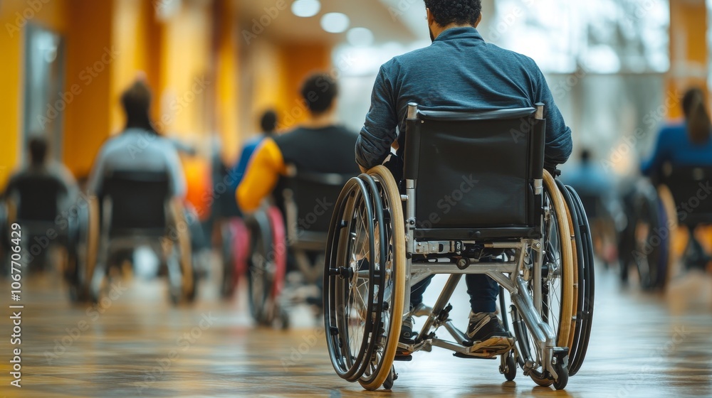 Individuals in wheelchairs navigating a vibrant indoor space together Individuals in wheelchairs navigating a vibrant indoor space together