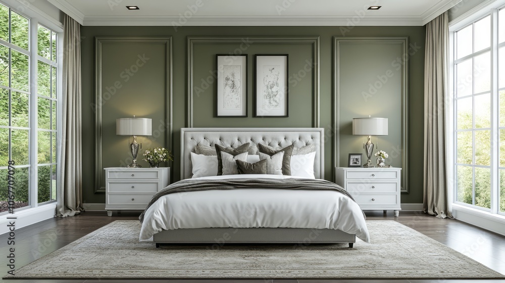 A Modern Master Bedroom with a Beige and Green Color Scheme A Modern Master Bedroom with a Beige and Green Color Scheme