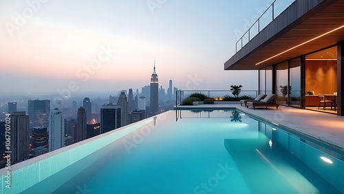 Panoramic pool against the backdrop of a modern city 