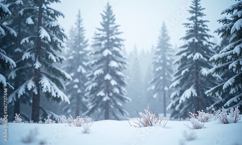 Winter landscape snowy forest blizzard snowflakes bokeh soft