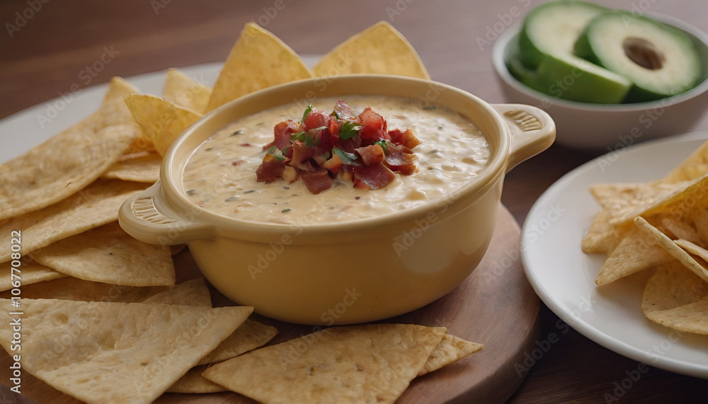 bacon queso dip with tortilla chips on side bacon queso dip with tortilla chips on side
