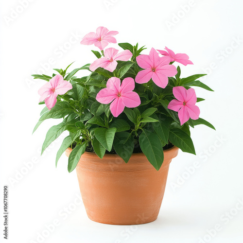 Potted plant with pink flowers and green leaves in a terra cotta pot set against a white background. Ideal for gardening themes, botanical discussions, home d cor, plant care guides, and educational photo