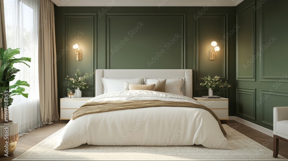 Modern Bedroom Interior with Green Walls and White Bed Modern Bedroom Interior with Green Walls and White Bed