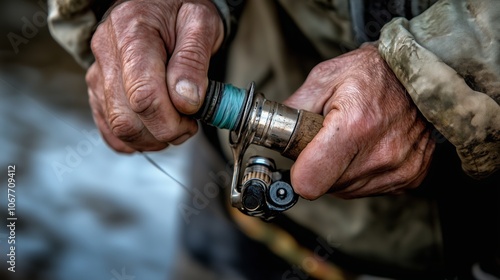 A fisherman prepares his reel with care on the riverbank during the early morning hours of a tranquil fishing trip